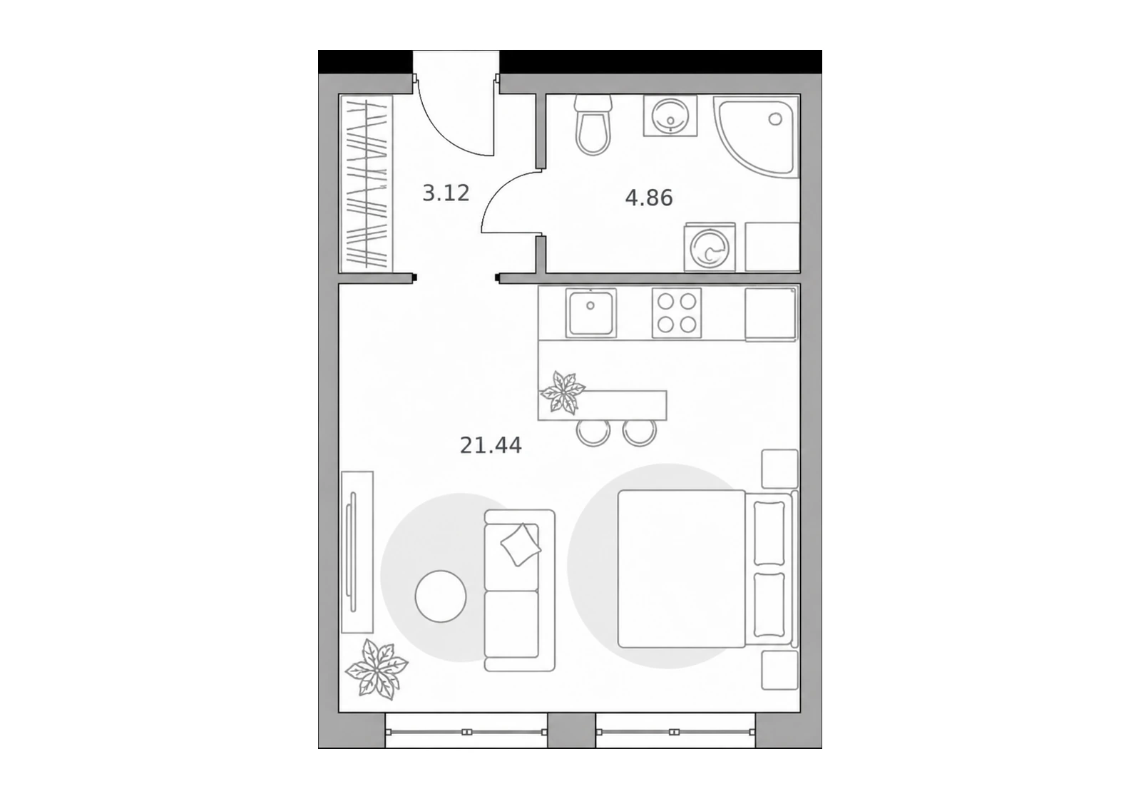 Студия, проектная планировка 29,4 м²