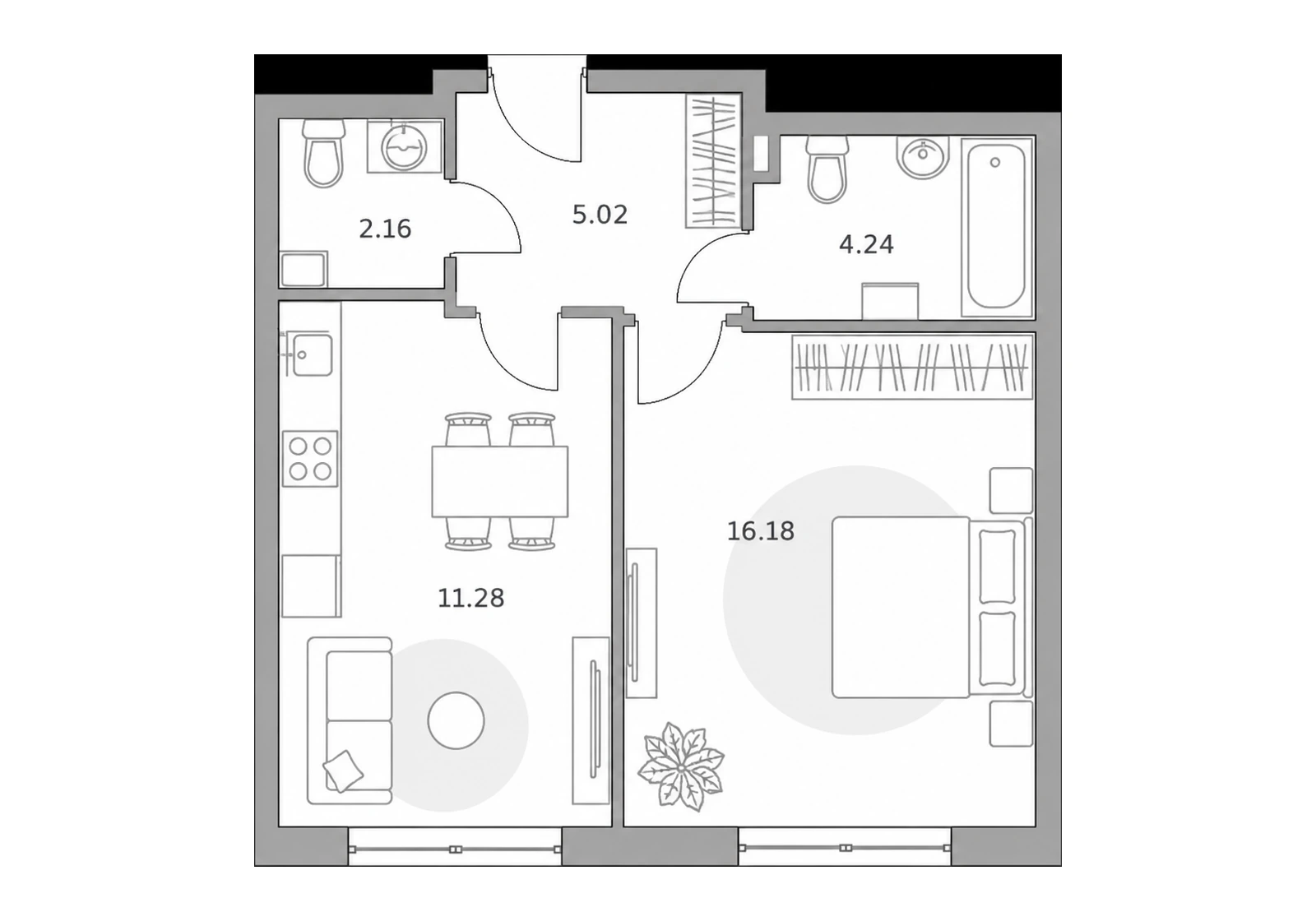 1-комнатные, проектная планировка 38,9 м²