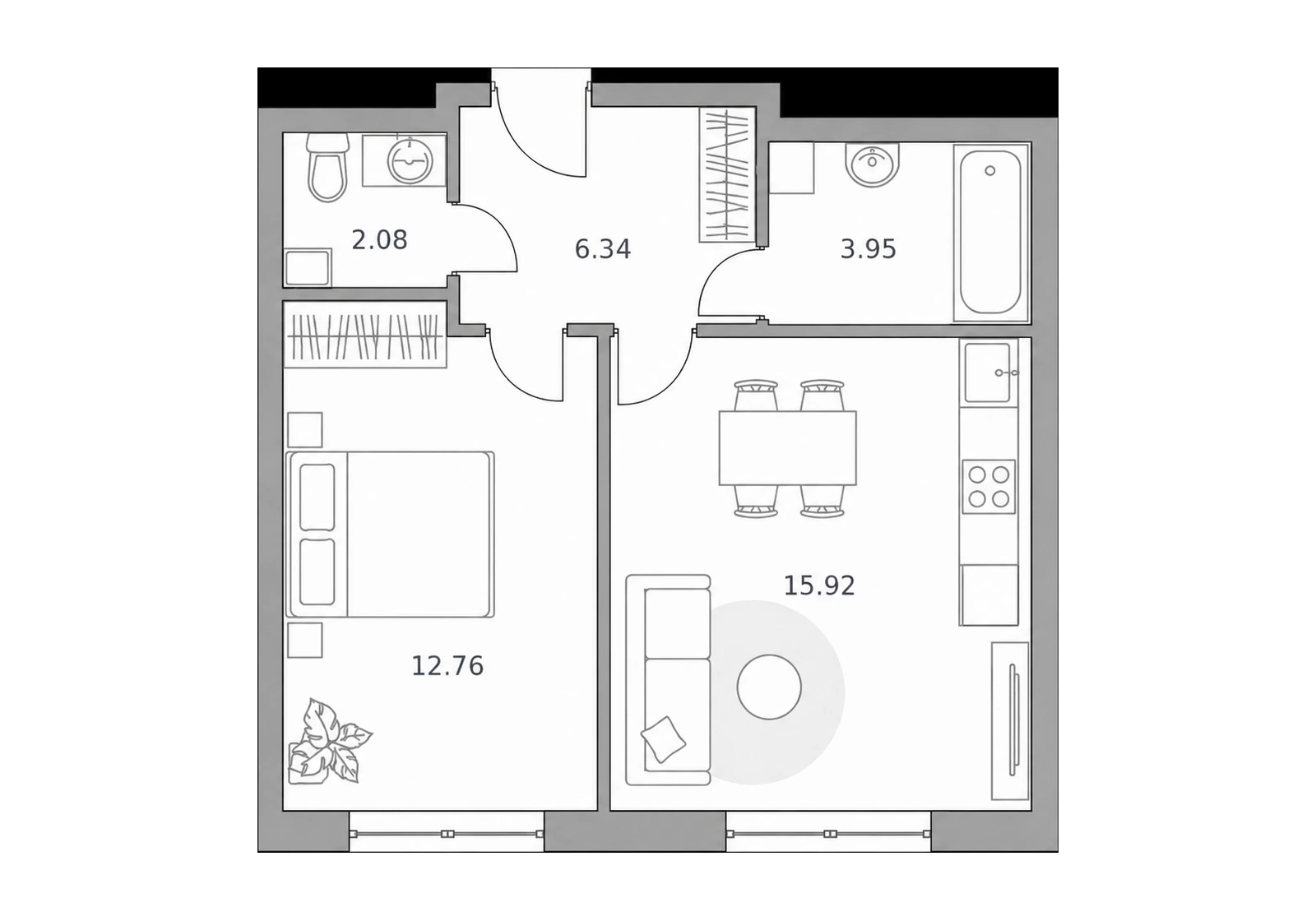 1-комнатные, проектная планировка 41,1 м²