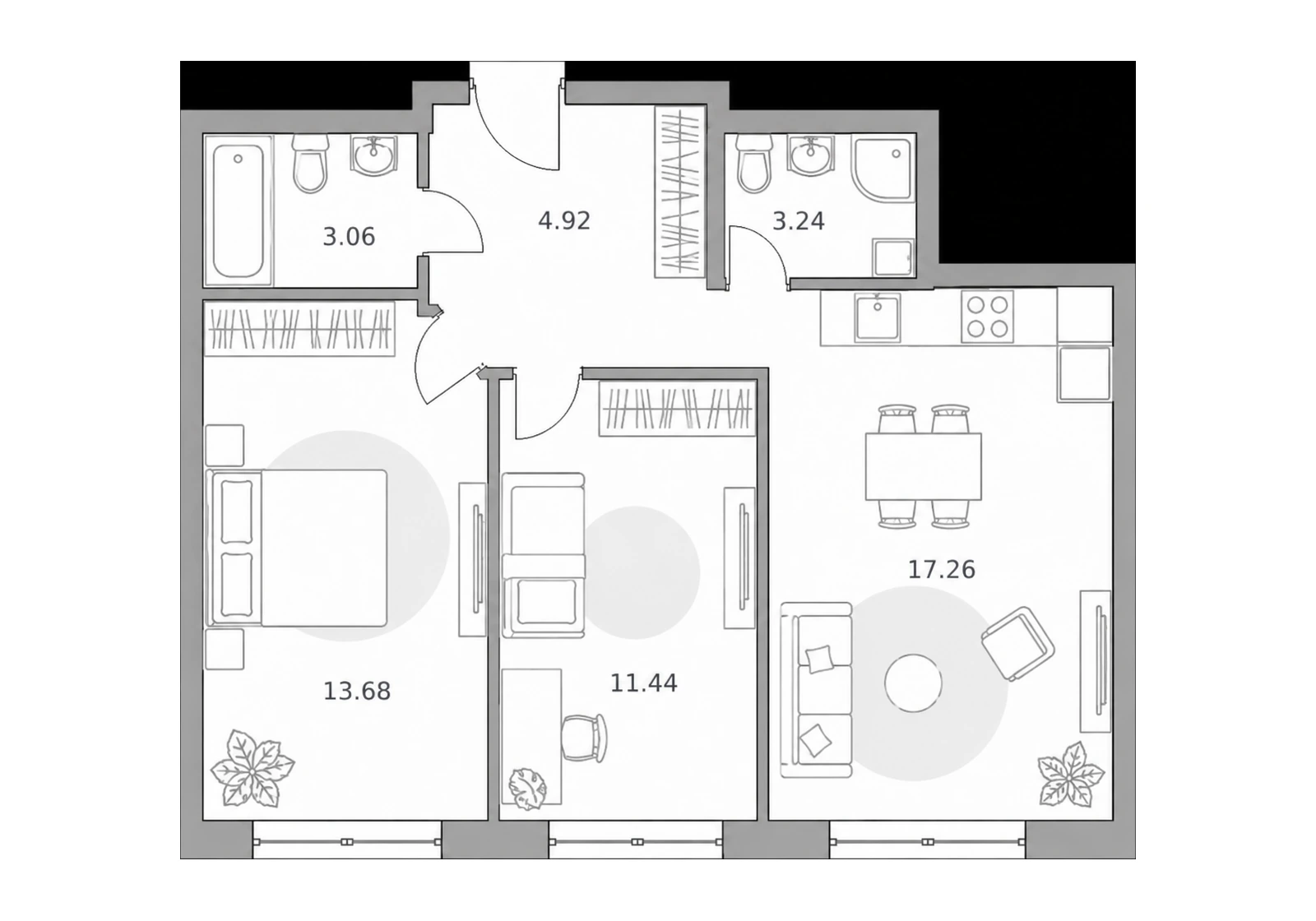 Семейные, проектная планировка 53,6 м²